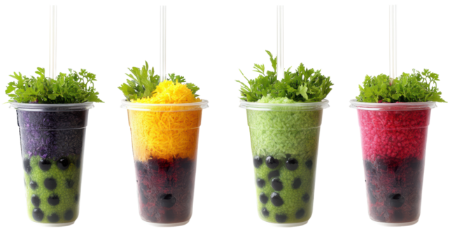 Four unique bubble teas featu unconventional ingredients and vibrant colors against a white background.