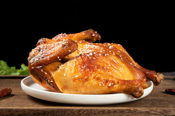 A whole delicious roasted chicken on table.