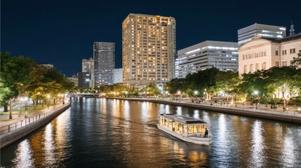 Obraz premium Osaka River Cruise at Night, Cityscape Lights, Urban Tourism