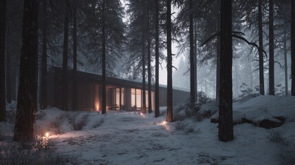 Winter Retreat Cabin Glow in Snowy Forest.