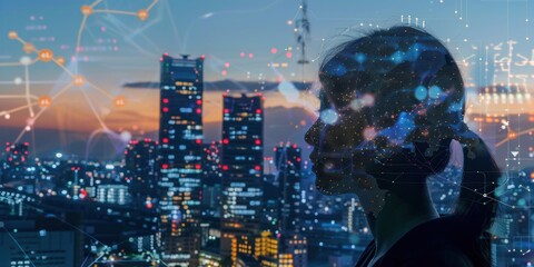 A silhouette of a person with a glowing, digital brain on their head, set against a cityscape at sunset.