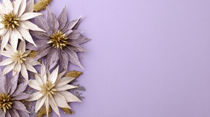 Purple and gold flowers arranged on a purple background with ample space for text or design.