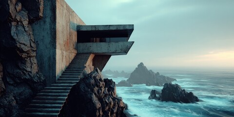 Coastal Concrete Modern House on a Cliff Overlooking the Ocean.