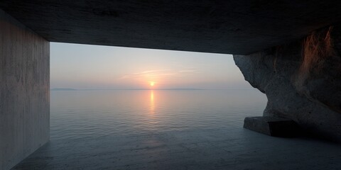 Concrete Portal Ocean Sunset Seen from Cave Architecture.