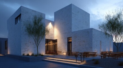 Modern building exterior at dusk Minimalist architecture with ambient lighting.