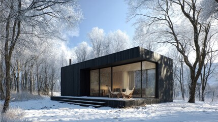 Winter Retreat Modern Cabin in Snowy Forest with Cozy Home.