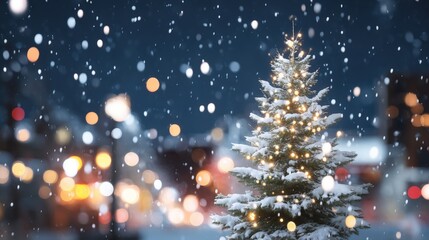 Naklejka premium Snow-covered landscape with a decorated Christmas tree and glowing lights at dusk.