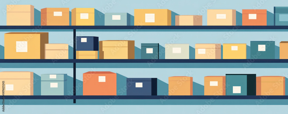 Aufkleber a shelf full of boxes with a blue background. the boxes are of different sizes and colors. the shelf