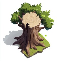 top view of 3d tree trunk with hand-painted texture in cute cartoony game style on white background