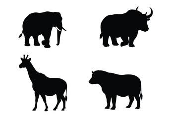 Naklejka premium Animal silhouette. This image shows the outlines of four distinct animals: an elephant, a bison, a giraffe, and a bull, symbolizing wildlife diversity. Vector clipart illustration design.