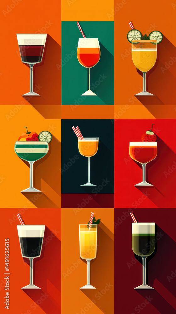 Poster a set of colorful drinks in glasses with straws in them. the drinks are arranged in a grid pattern