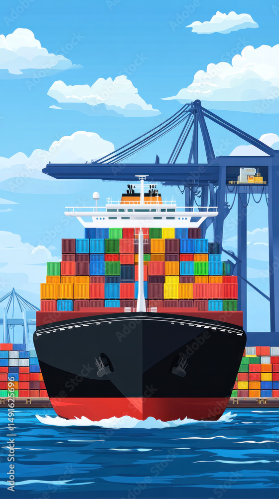 Poster a large cargo ship is sailing through the ocean with a large crane in the background. the ship is ca