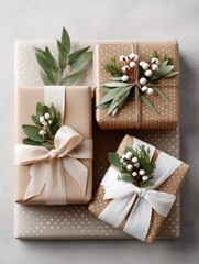 Three wrapped gift boxes with decorative bows and green foliage on a neutral background.