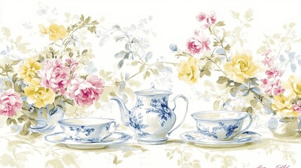 Pastel floral still life arrangement with teacups and teapot.