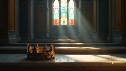 Abandoned Royal Crown on Marble Steps in Sunlit Throne Room