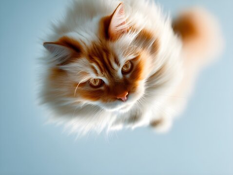 Red Ragdoll cat twists mid-air in ultra-HD front shot capturing graceful feline agility vibrant fur