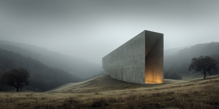 Modern monolith in a misty landscape with architectural minimalist.