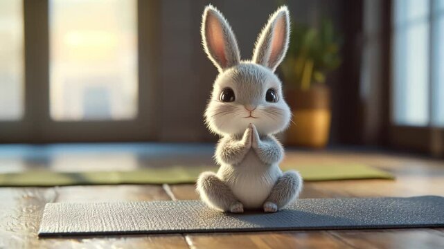 Bunny holding a yoga pose on a mat, calm gym background. Animal gym