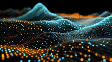 Abstract digital waves formed by glowing blue and orange dots, creating a futuristic data landscape on a black background