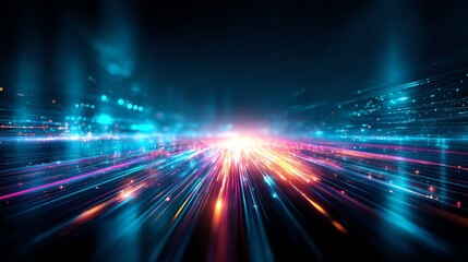 Fototapeta premium Colorful beams of light streak into the distance, creating a futuristic and dynamic digital landscape