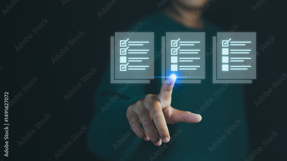 Fototapete Hand person pointing at a virtual checklist with complete task, symbolizing task management, customer service, quality control, productivity and efficient work processes in a digital environment.