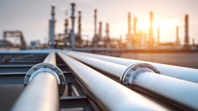 Industrial pipelines stretch toward a refinery at sunrise, highlighting energy infrastructure and oil processing facilities