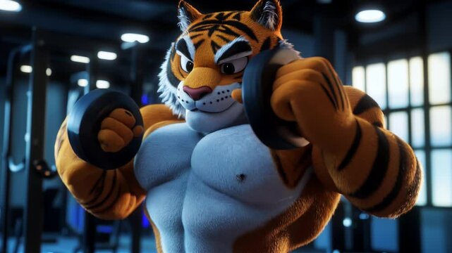 A muscular tiger lifting dumbbells in a modern fitness center. Animal gym