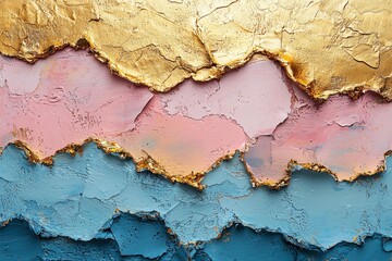 Obraz premium Abstract painting with golden lines, light blue and pastel colors, gold leaf accents, textured canvas with splashes and detailed brushwork