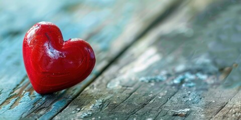 Fototapeta premium A red heart-shaped object on a weathered wooden surface with a blue and green patina.