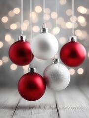 Four red and white Christmas baubles hanging from strings against a white background.