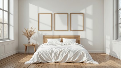 Bright and Airy Minimalist Bedroom with Wooden Furniture and Natural Light Streaming Through Windows