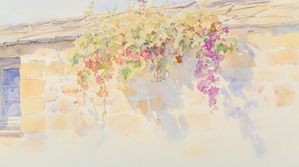 Obraz premium Pastel depiction of a stone wall adorned with flowering vines.