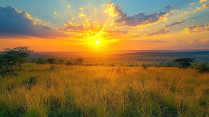 Fototapeta premium Golden sunset over savanna grasslands