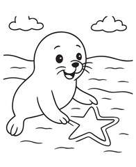 Obraz premium Coloring book baby seal interacting with a friendly starfish