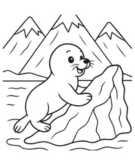 Coloring book baby seal climbing an iceberg 