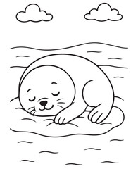 Coloring book baby seal peacefully napping on an ice floe