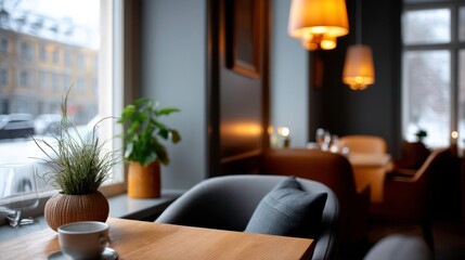 Cozy Cafe Interior with Winter View, Warm Lighting, and Modern Decor for Relaxation