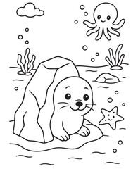 Coloring book baby seal resting by the sea, with an octopus and starfish nearby.