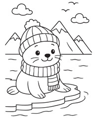 Coloring book Adorable seal pup in hat & scarf on ice float
