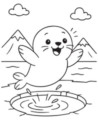 Coloring book baby seal sits contentedly on an ice floe