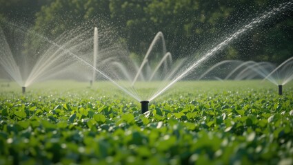 Irrigation Sprinklers Watering Rows of Green Crops in a Sunny Agricultural Field