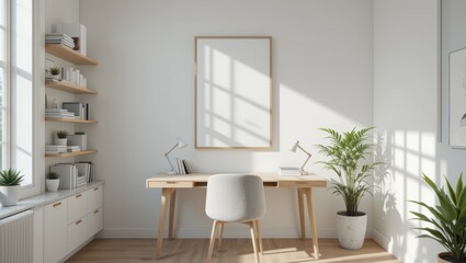 Minimalist Home Office Workspace with Natural Light and Wooden Furniture in Bright Interior
