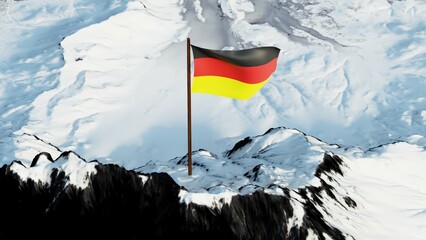 German national flag flying on a snowy mountain peak in 4K. A sharp, patriotic image symbolizing Germany's identity. Ideal for cultural, editorial, or educational use.

