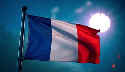 French Flag Waving with Vibrant Fireworks in Night Sky with National Celebration - Powered by Adobe