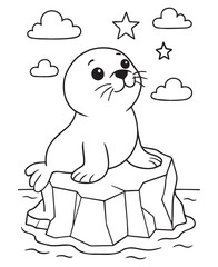 Coloring book baby seal playfully interacts with a ball.