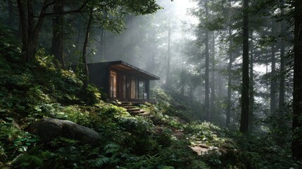Forest Retreat Modern cabin nestled amongst trees with sun rays breaking through.