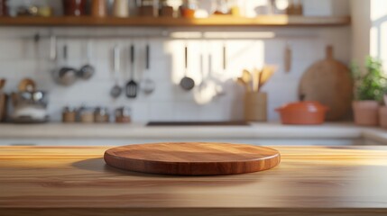 Wooden Round Cutting Board on Kitchen Countertop