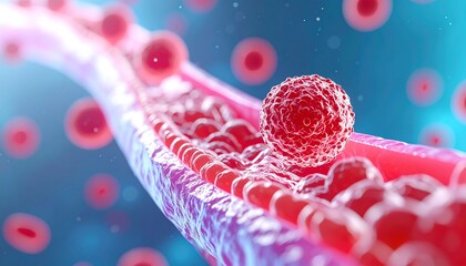 A detailed illustration of blood cells flowing through a blood vessel, showcasing the intricate biological processes within the human body