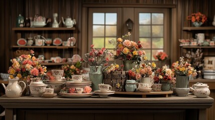 Rustic kitchen display of autumnal floral arrangements and tableware.