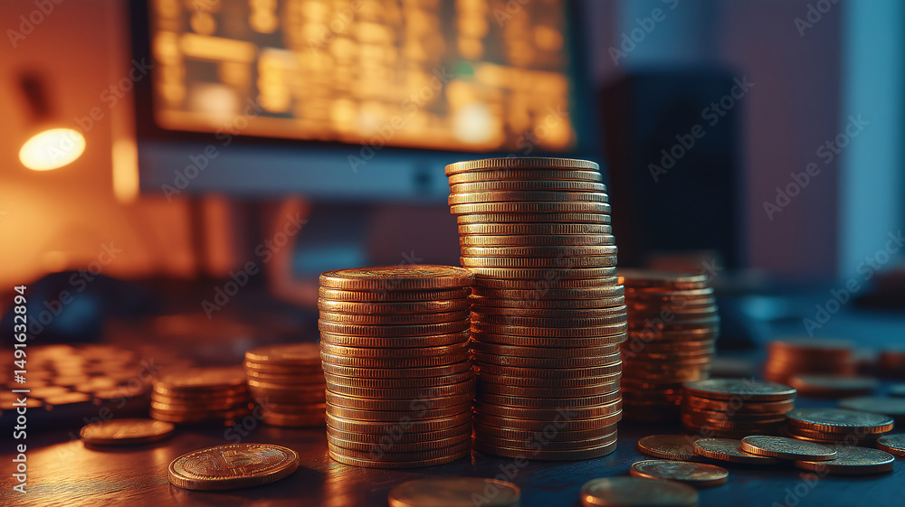 Poster a pile of shiny gold coins on a table with a computer screen behind suggesting digital finance